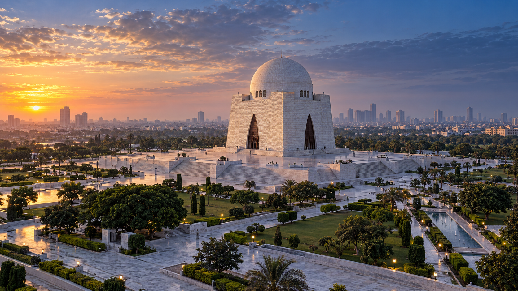Generated cinematic view of Mazar-e-Quaid and Karachi at dawn