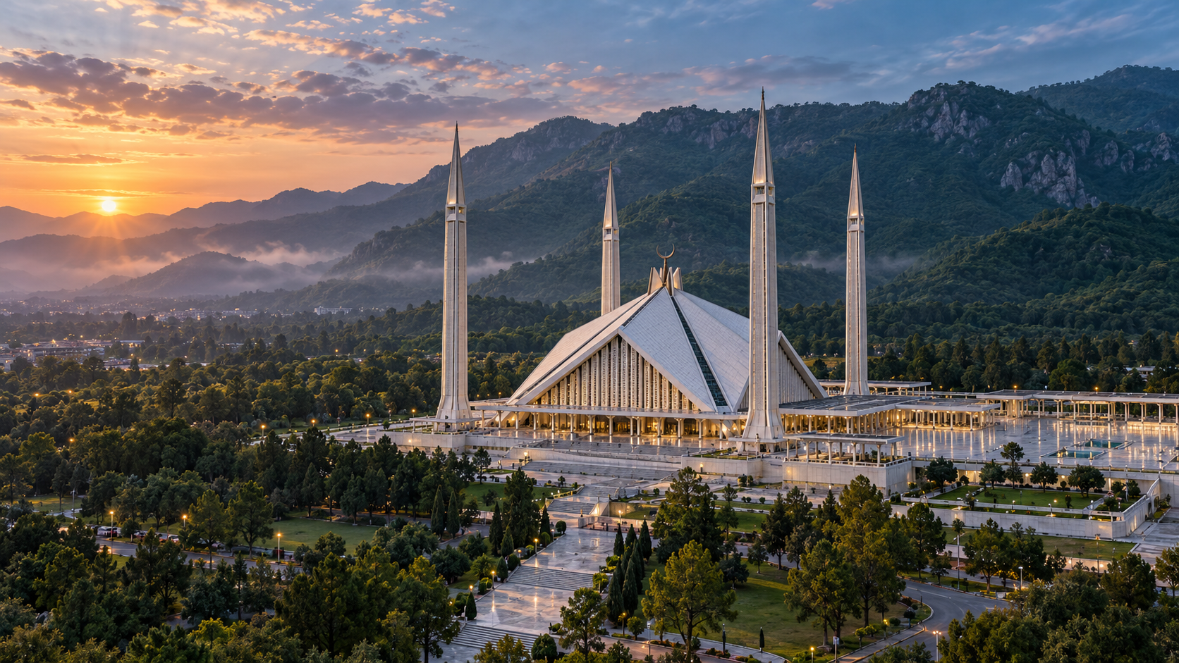 Generated cinematic view of Faisal Mosque beneath the Margalla Hills