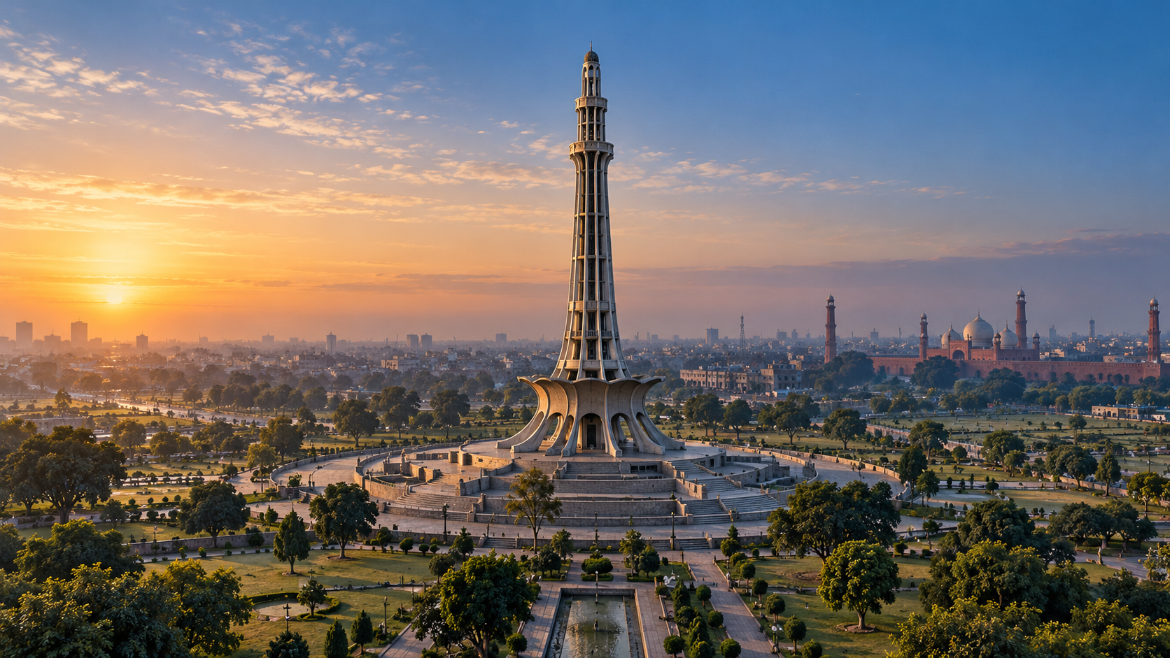 Generated cinematic view of Minar-e-Pakistan above Lahore's gardens