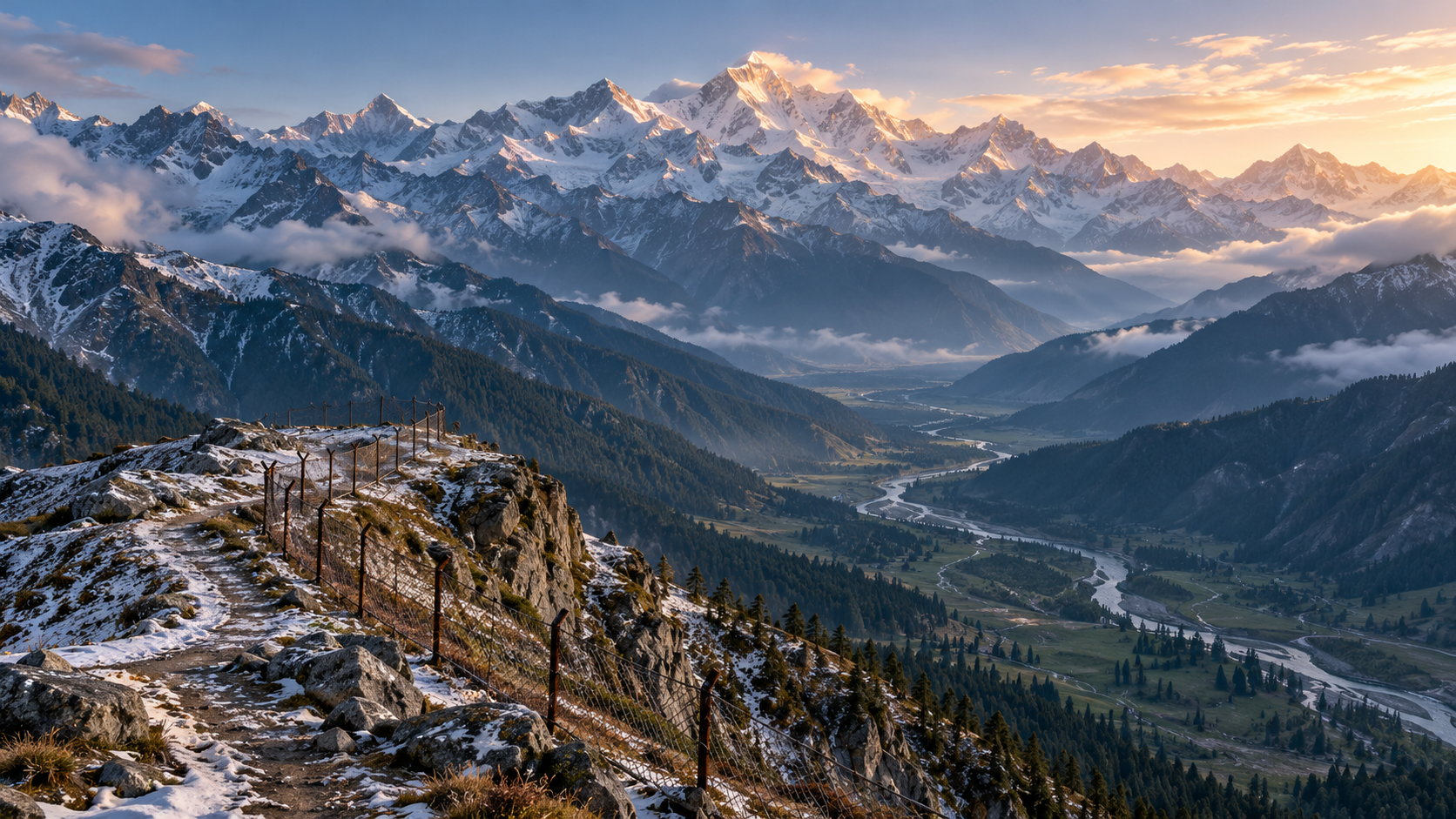 Imagined Kashmir-inspired mountain valley with a border fence